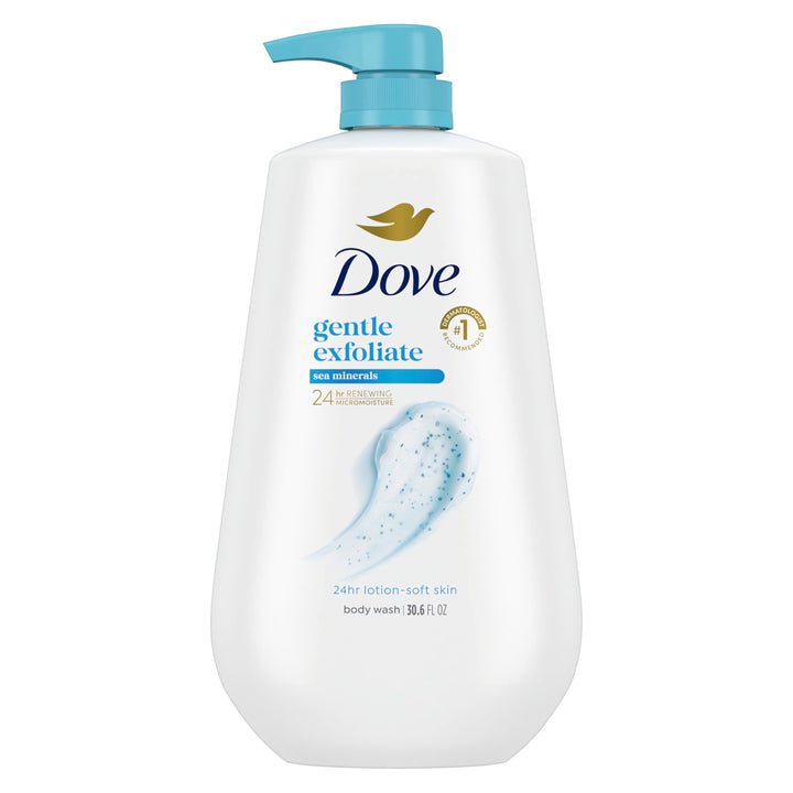 Dove front-facing pump bottle showing branding and size benefits