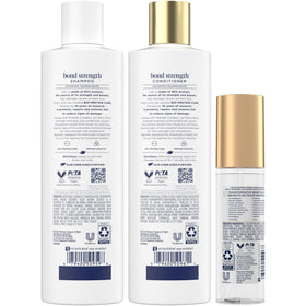 Dove shampoo bottle close-up emphasizing ingredient label and strengthening benefit
