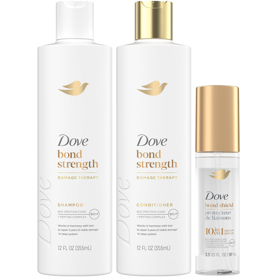 Dove front packaging showing the bond strength repair trio and clear results