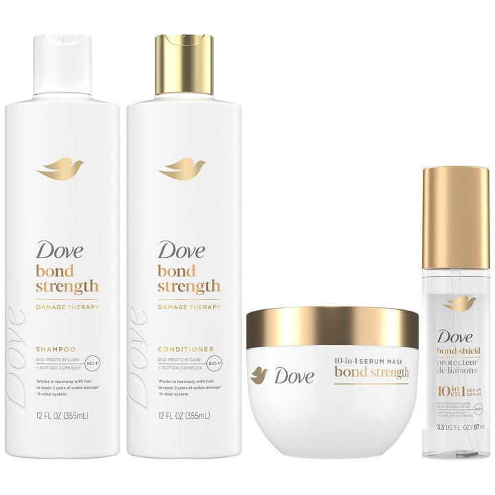 Dove bond strength front packaging showing full four-piece set and benefits