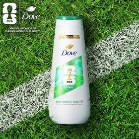 Dove bottle in hand showing size and travel convenience benefit
