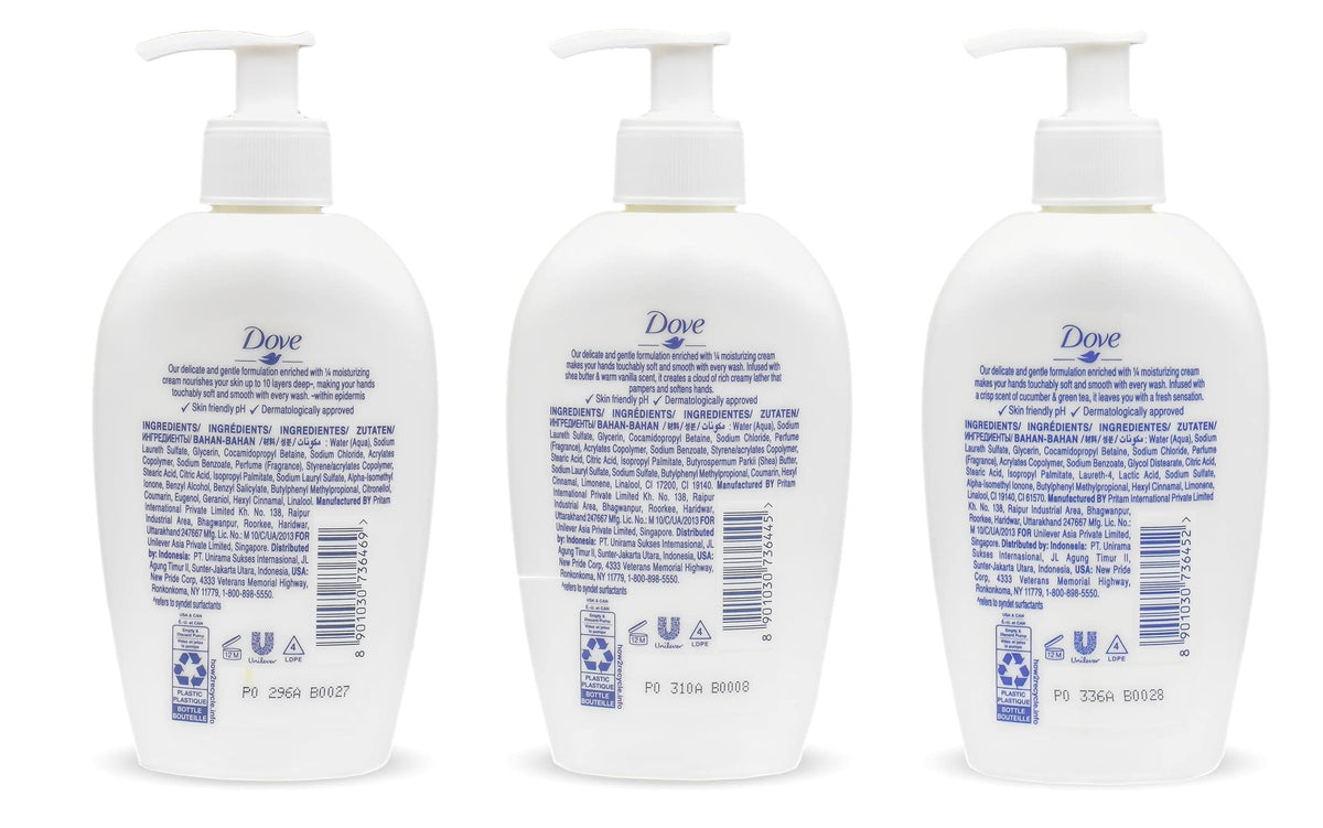 Dove bottle label closeup highlighting product name and nourishing soap benefits