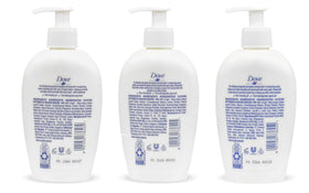 Dove bottle label closeup highlighting product name and nourishing soap benefits
