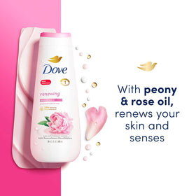 Dove body wash on shower shelf in use for a calming routine benefit