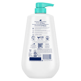 Dove bottle on shower shelf illustrating easy daily use and gentle cleanse