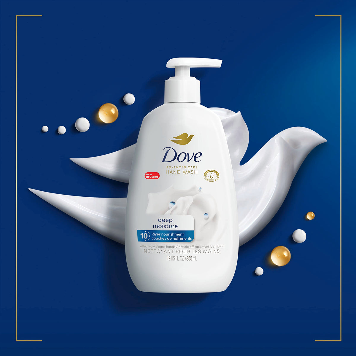 Dove bottle label highlighting 100% recycled plastic and vegan formula