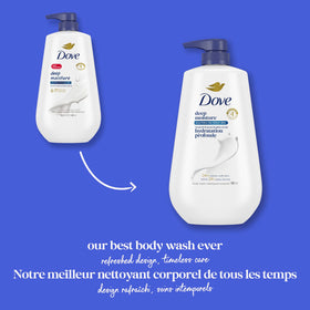 Dove bottles three-pack lifestyle image showing refill convenience and sustainable packaging