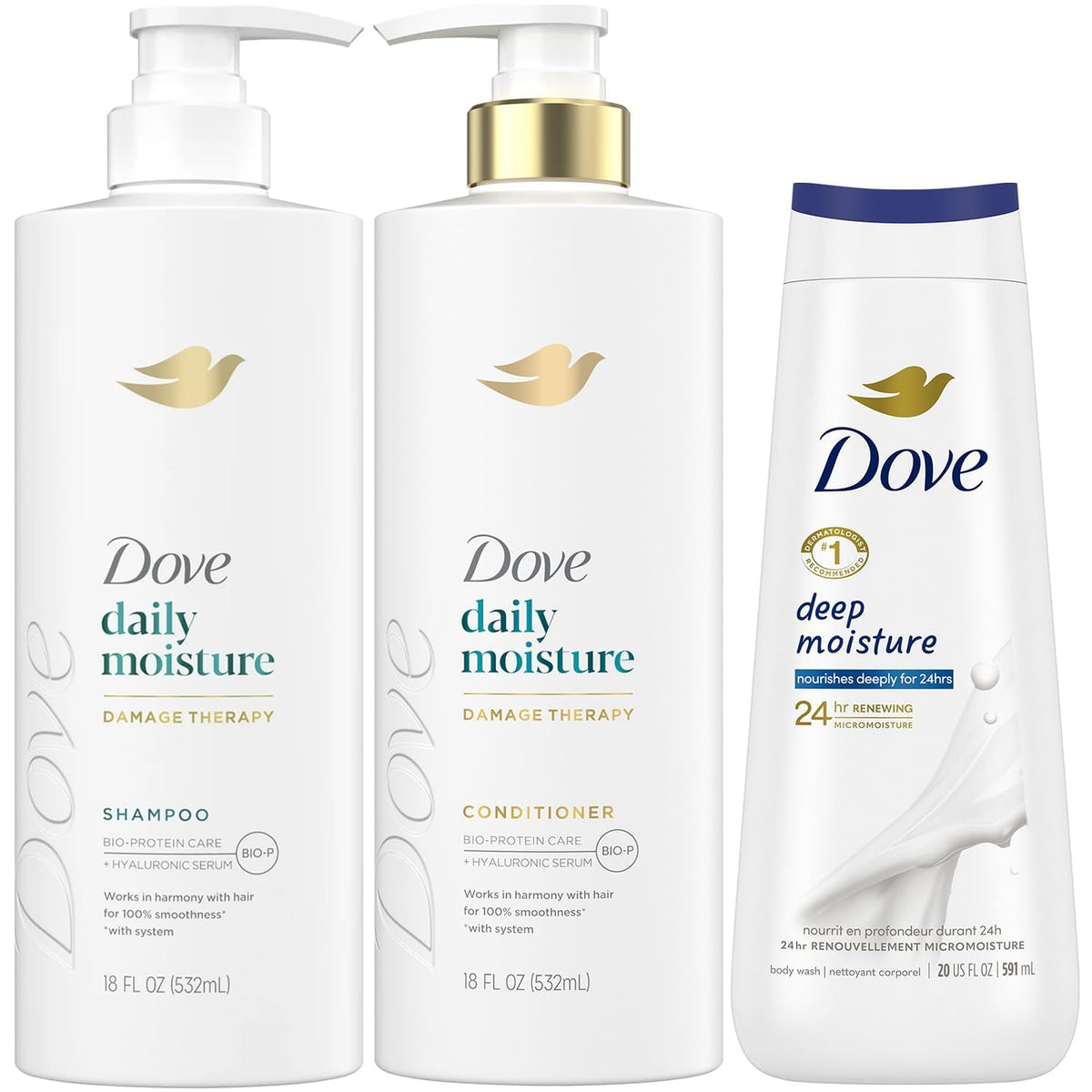Dove bundle front packaging showing all three bottles for easy selection and benefit