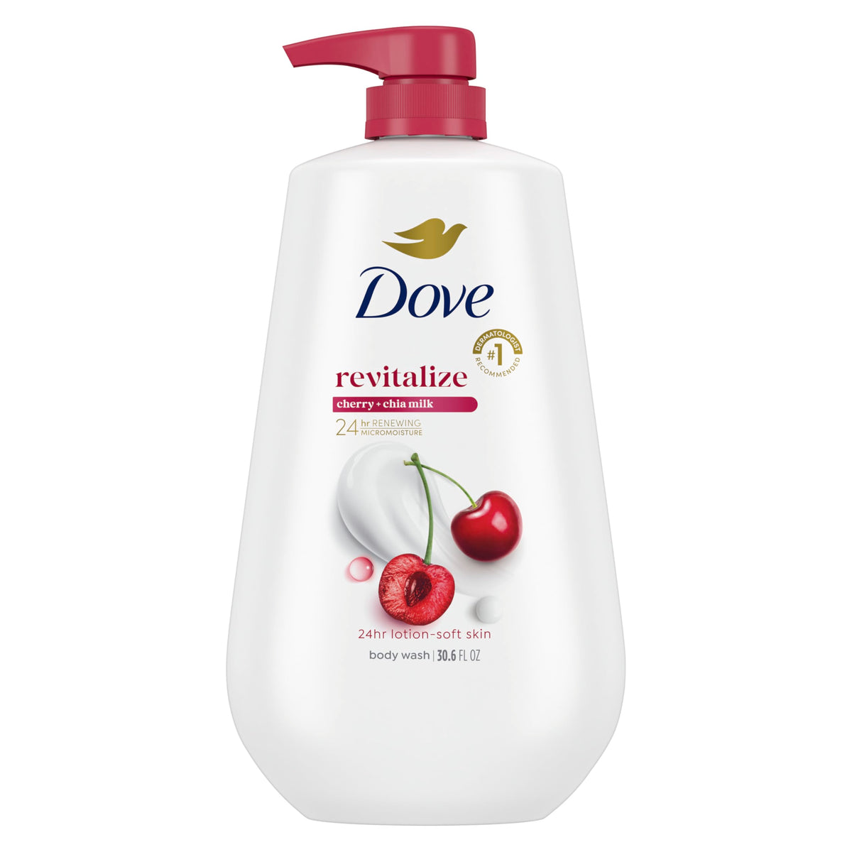 Dove pump bottle front view showing cherry and chia milk scent benefits