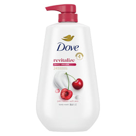 Dove pump bottle front view showing cherry and chia milk scent benefits