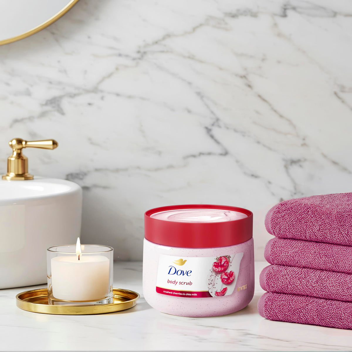 Dove scrub on bathroom shelf staged in self-care scene promoting a calming routine