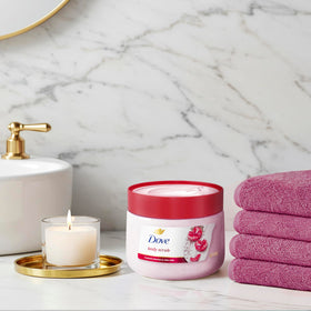 Dove scrub on bathroom shelf staged in self-care scene promoting a calming routine