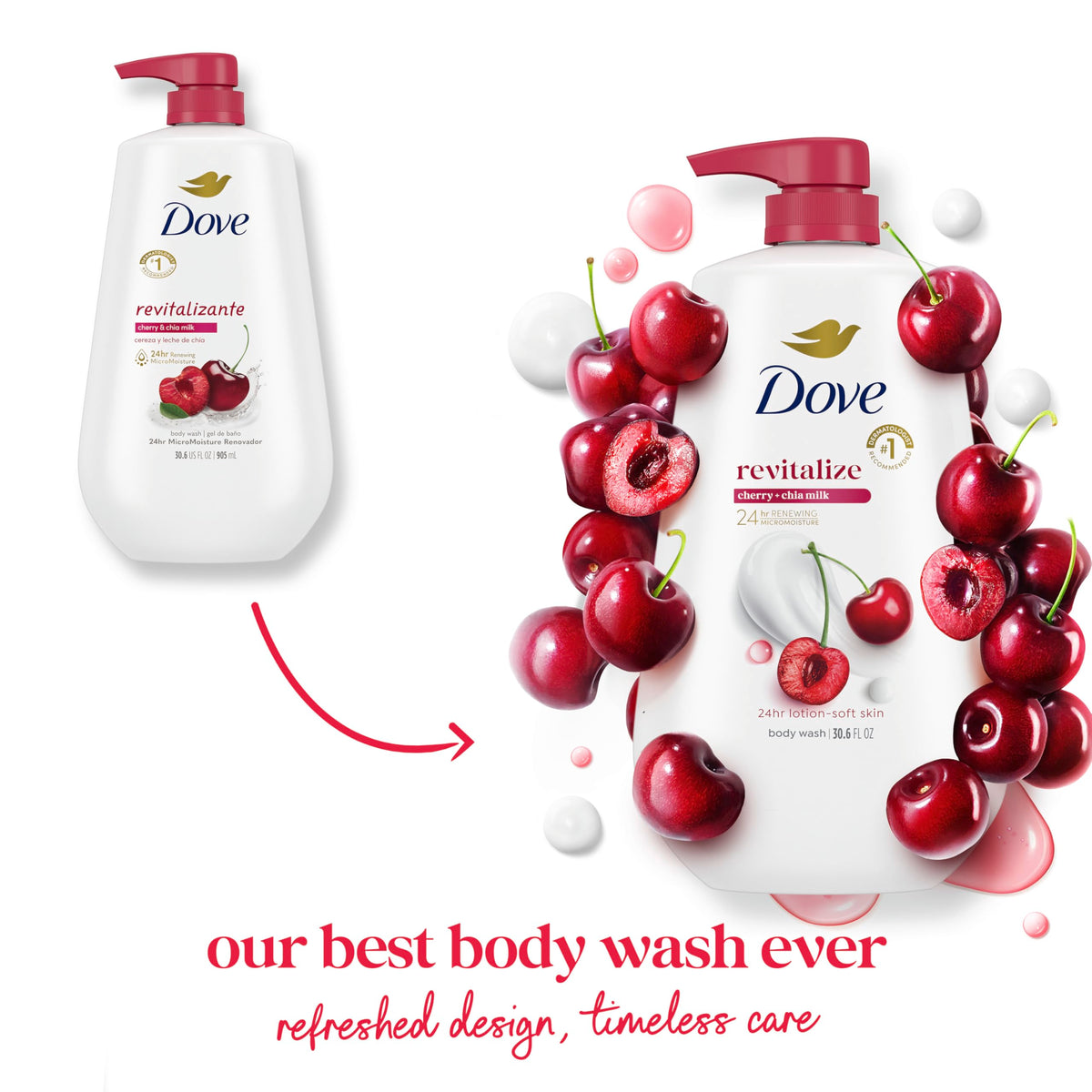 Dispensing Dove Revitalizing body wash from pump into hand for easy use