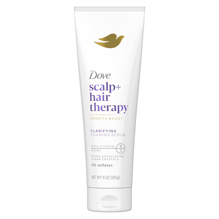 Dove clarifying foaming scrub front packaging shows product and benefit