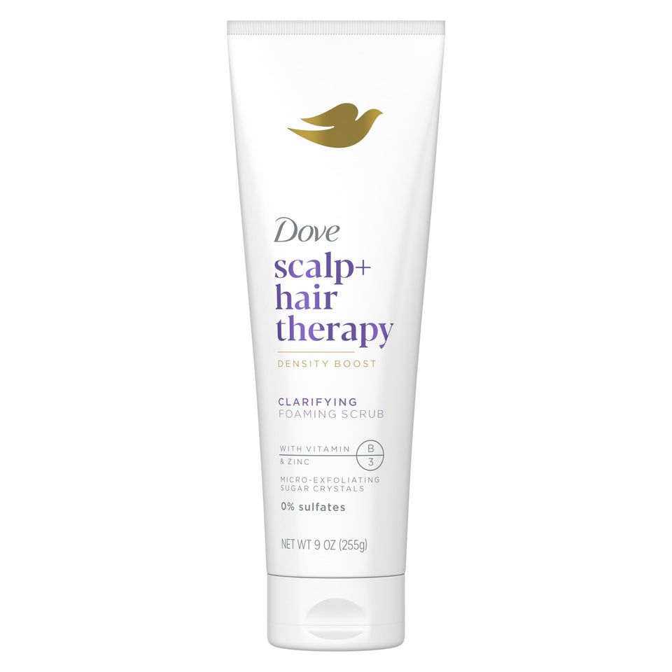 Dove clarifying foaming scrub front packaging shows product and benefit