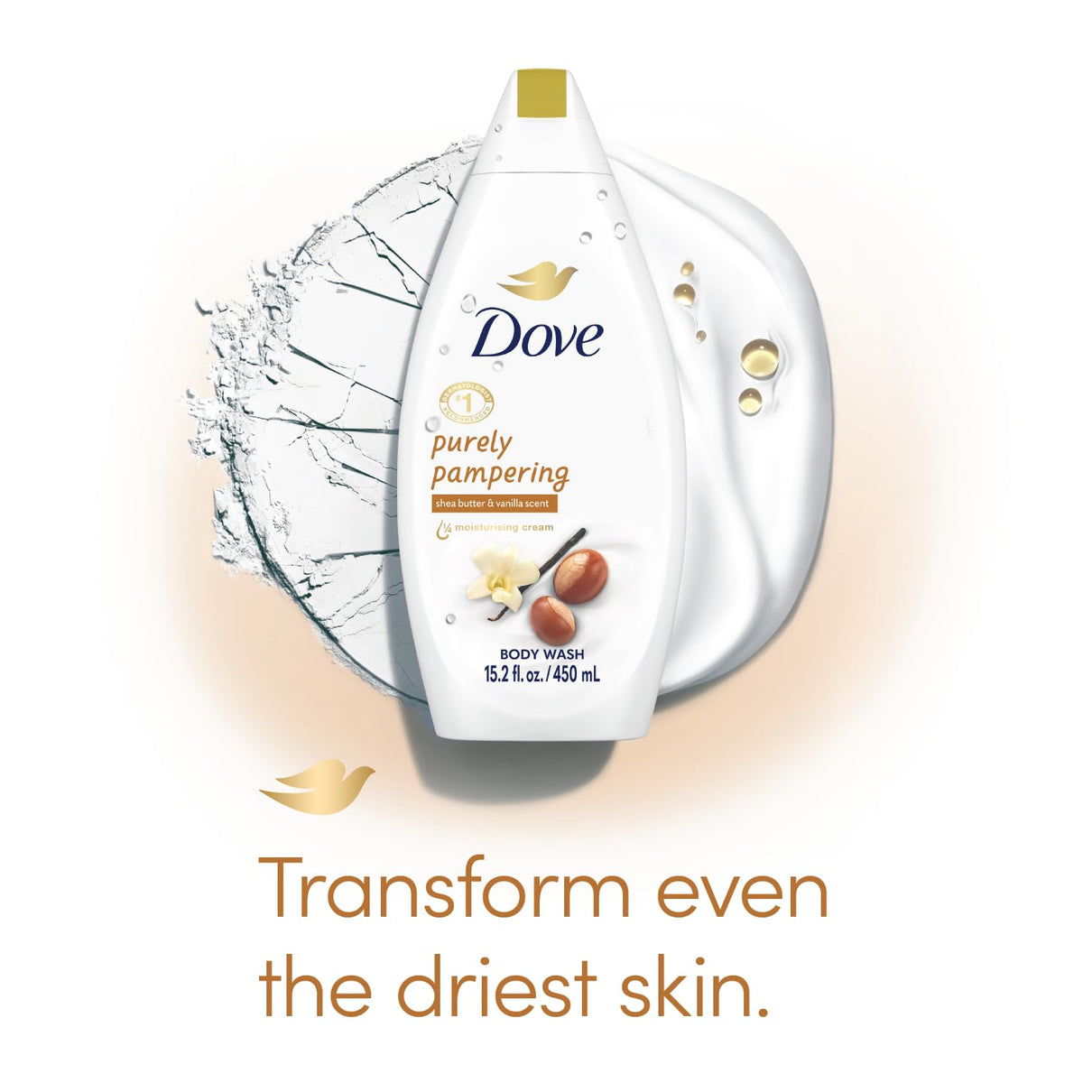 Dove close-up label with ingredient callouts, emphasizes vegan and sulfate-free