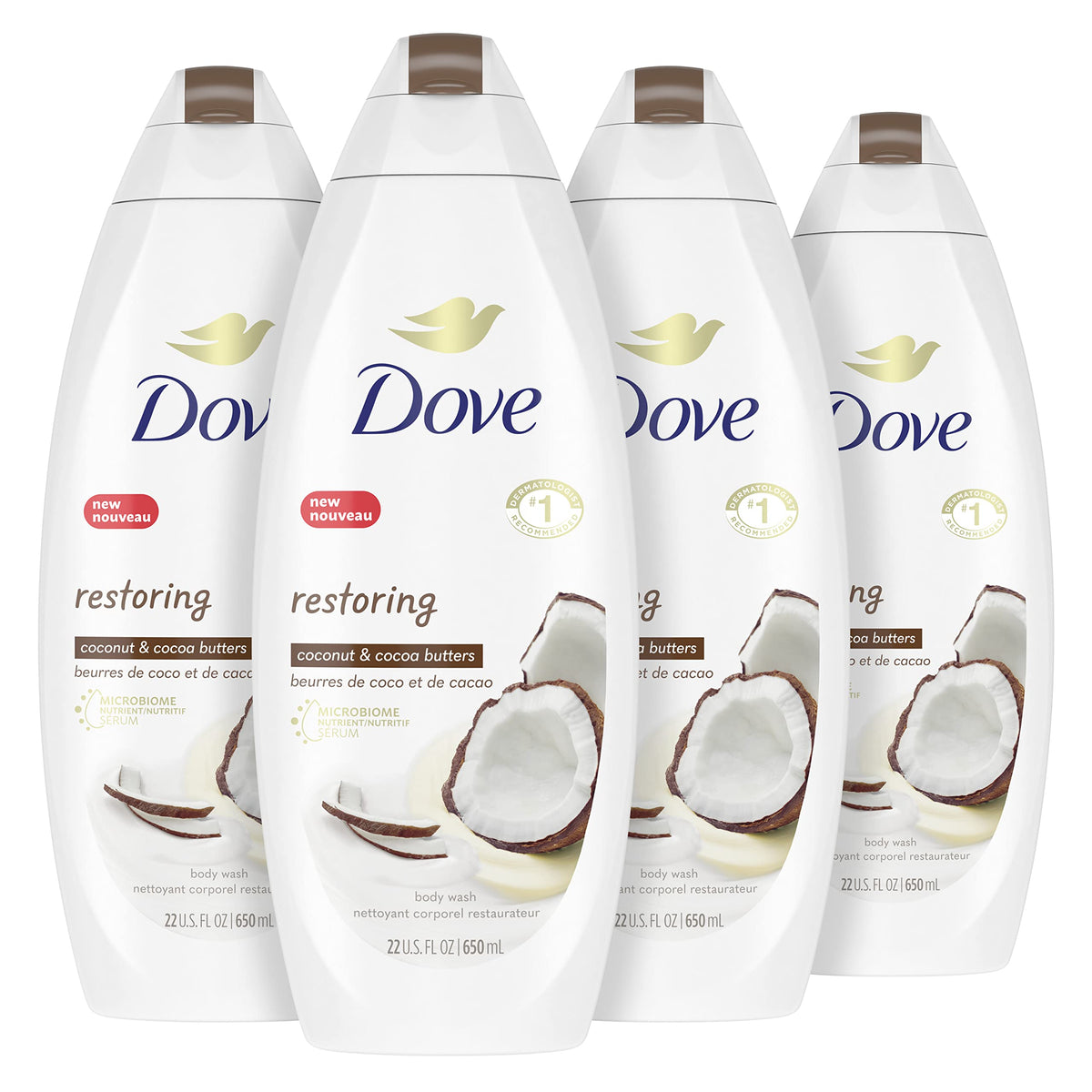 Dove bottle front view showing coconut and cocoa butter nourishing benefits