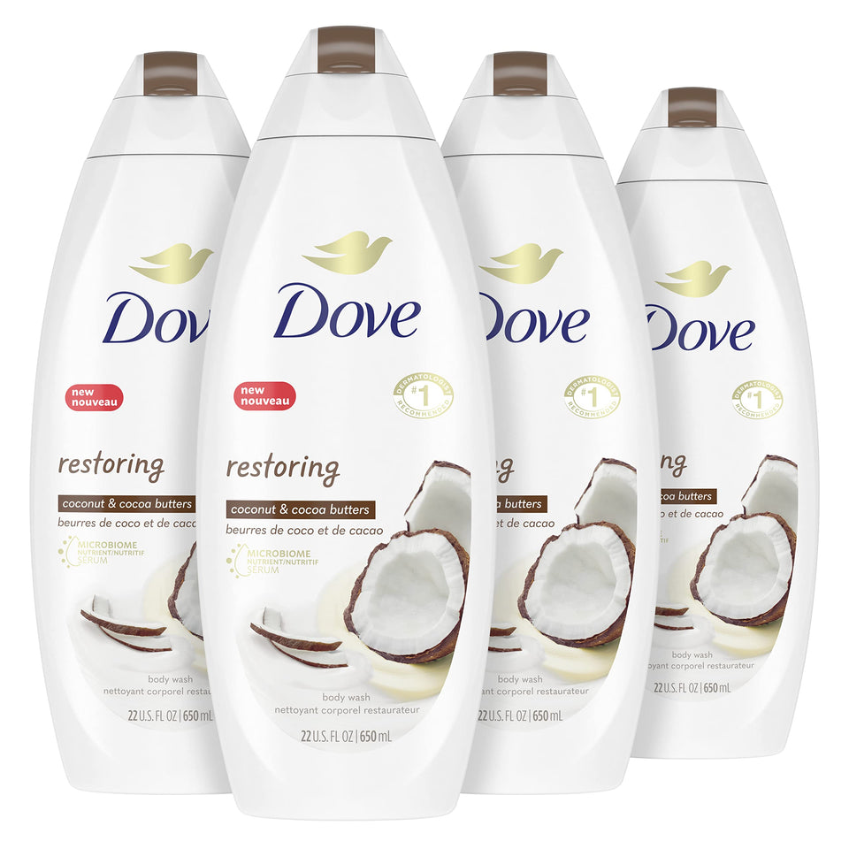 Dove bottle front view showing coconut and cocoa butter nourishing benefits