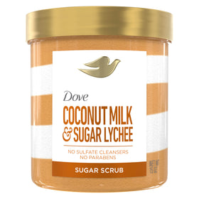 Dove front packaging of coconut lychee scrub showing jar and branding for easy identification