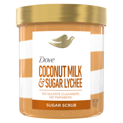 Dove front packaging of coconut lychee scrub showing jar and branding for easy identification