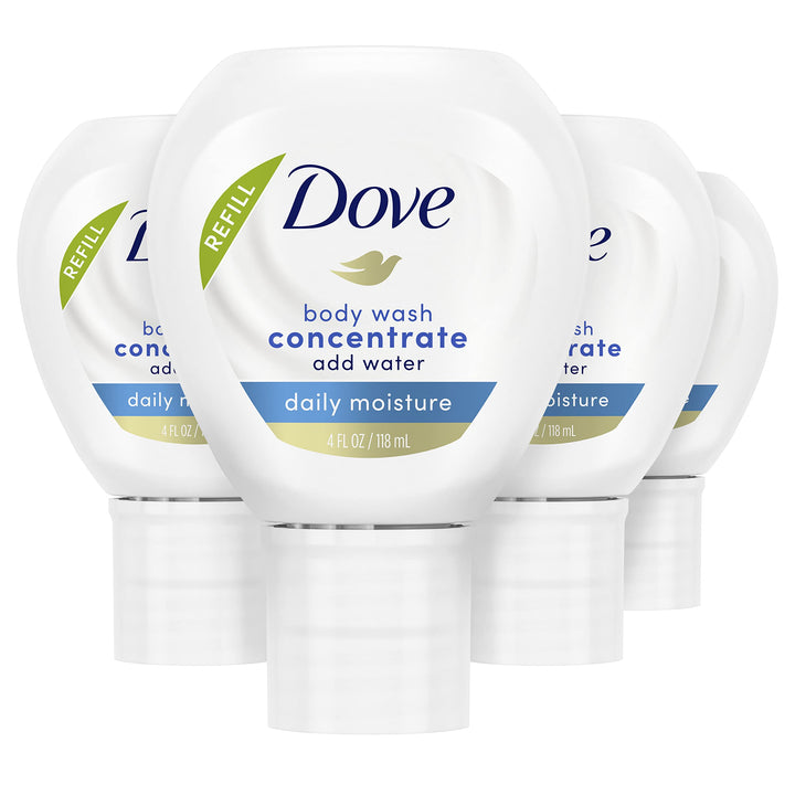 Dove concentrate front packaging showing 4 pack and refill benefit