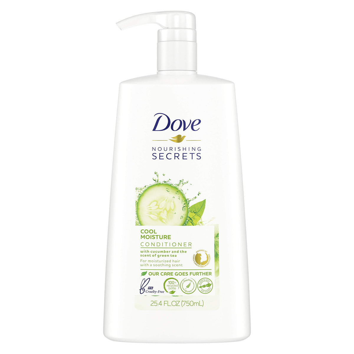 Dove bottle front view showing product and soothing cucumber scent benefit