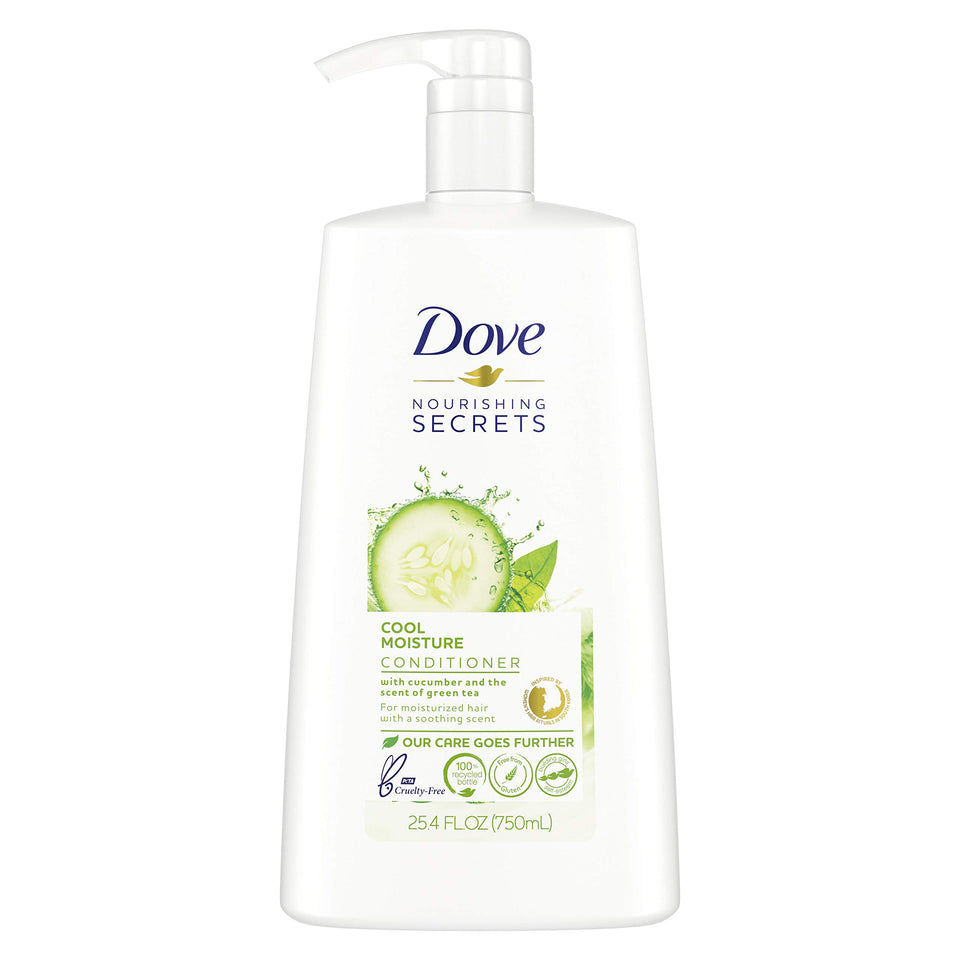 Dove bottle front view showing product and soothing cucumber scent benefit