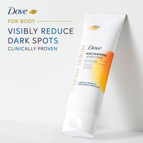 Dove cream serum applying to leg shows smoother, more even skin benefit