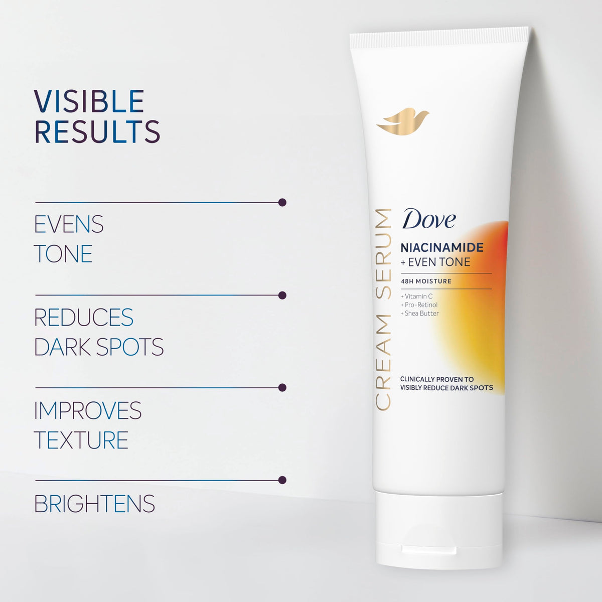 Dove cream serum ingredients label displays niacinamide and vitamin C benefits
