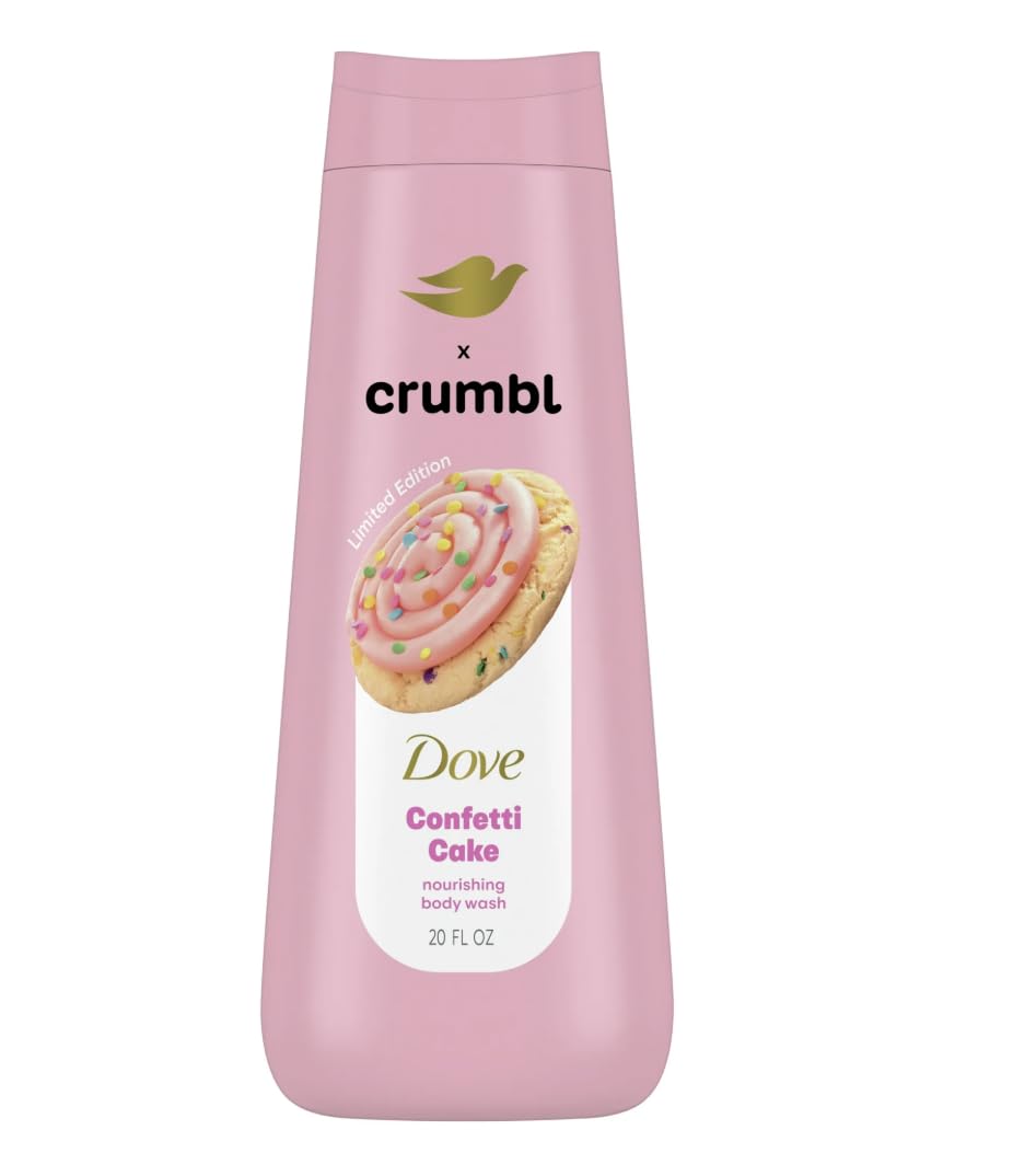 Dove bottle front label showing Crumbl Confetti Cake scent and moisturizing benefit
