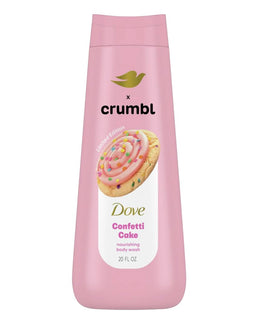 Dove bottle front label showing Crumbl Confetti Cake scent and moisturizing benefit