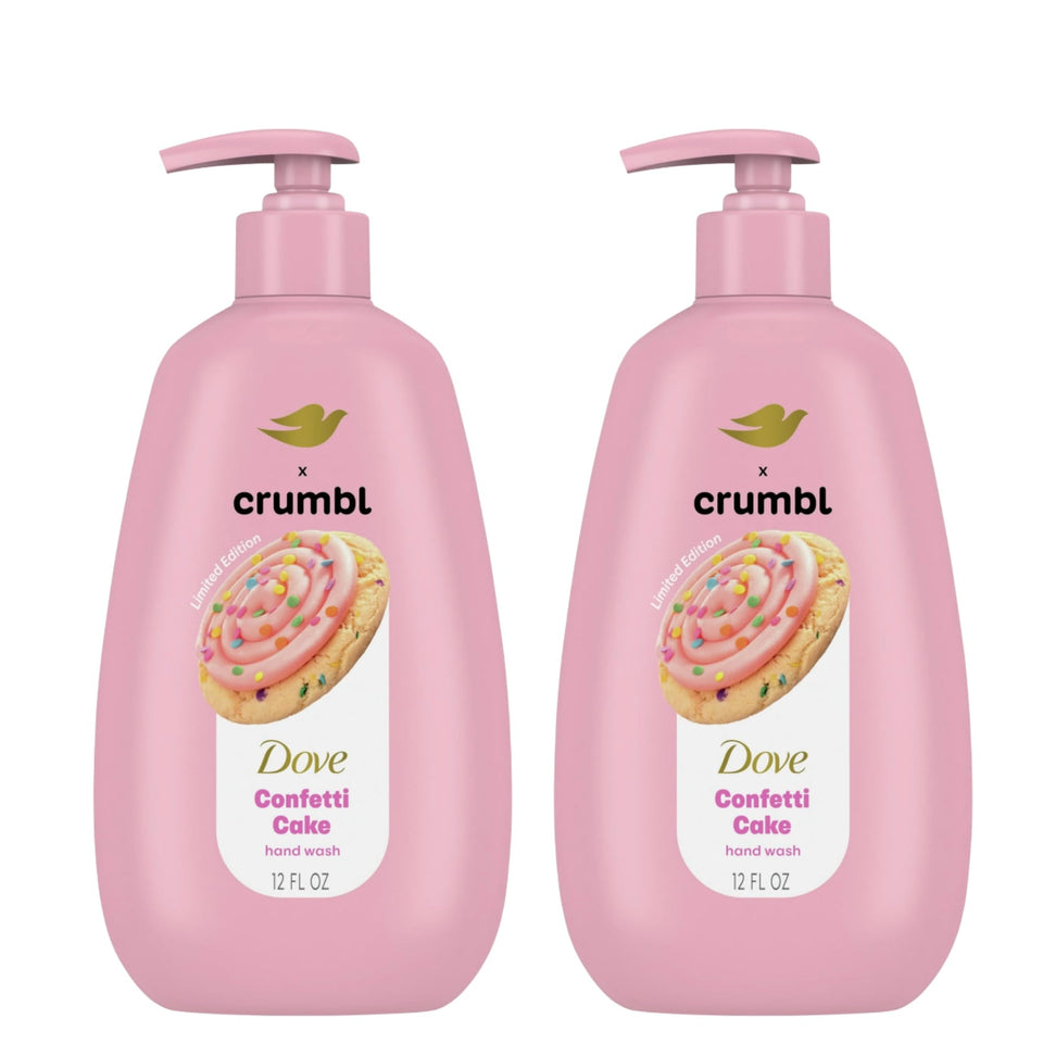 Dove bottle front packaging showing confetti cake scent and moisturizing benefit