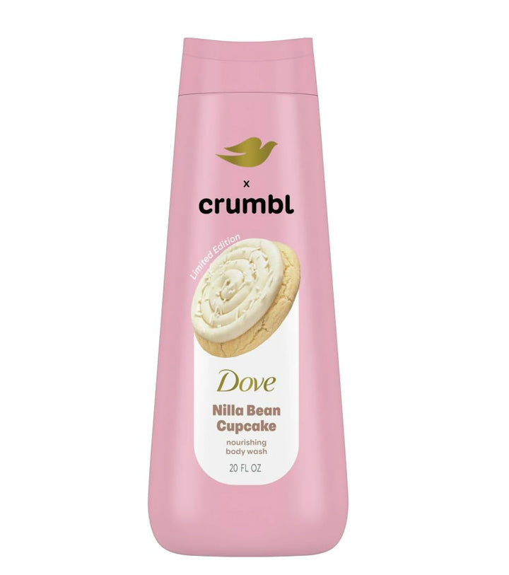 Dove bottle front view showing label and Nilla Bean Cupcake scent, enticing fragrance