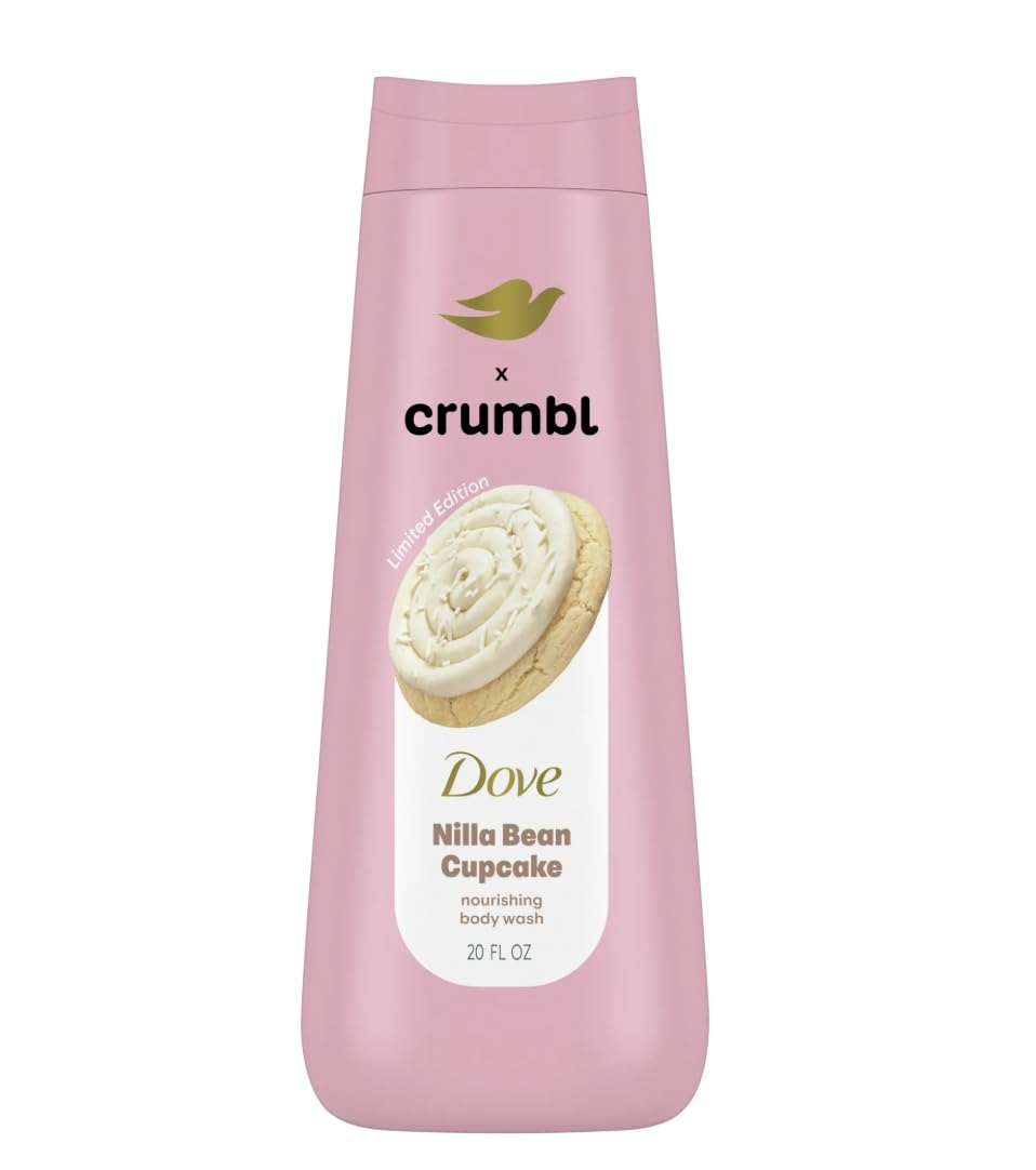 Dove bottle front view showing label and Nilla Bean Cupcake scent, enticing fragrance
