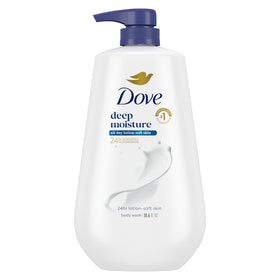 Dove bottle front view showing deep moisture benefits and soft skin