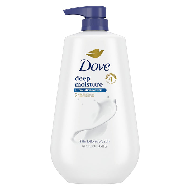 Dove bottle front view showing deep moisture benefits and soft skin