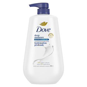 Dove deep moisture front packaging shows nourishing cleanser and pump convenience