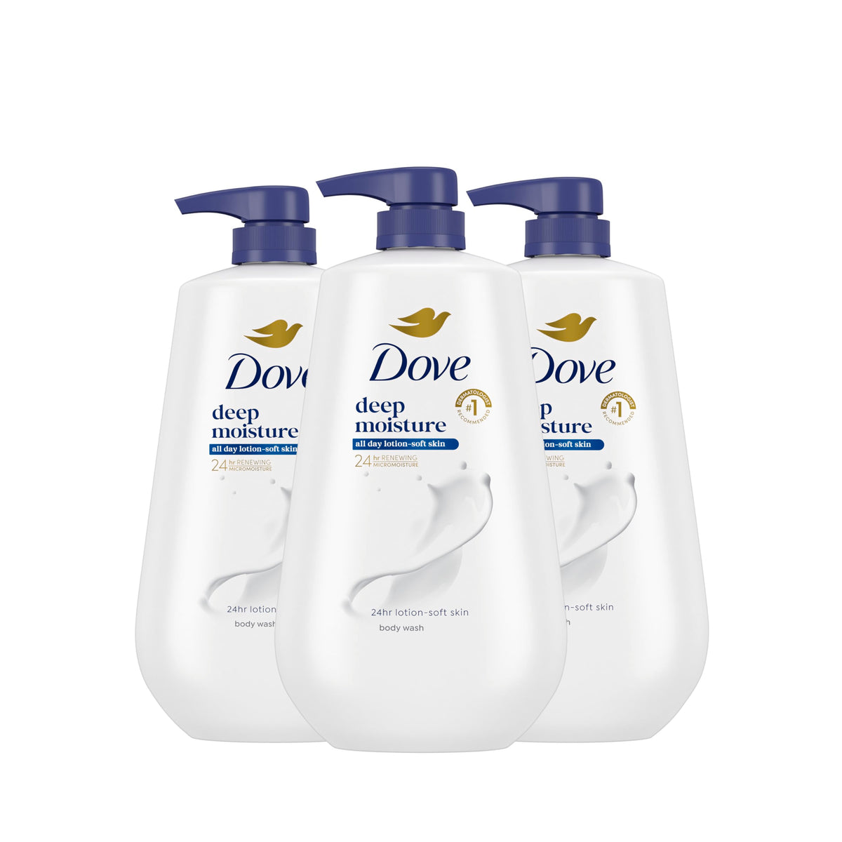 Dove front packaging showing three pump bottles and nourishing benefit