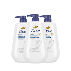 Dove front packaging showing three pump bottles and nourishing benefit