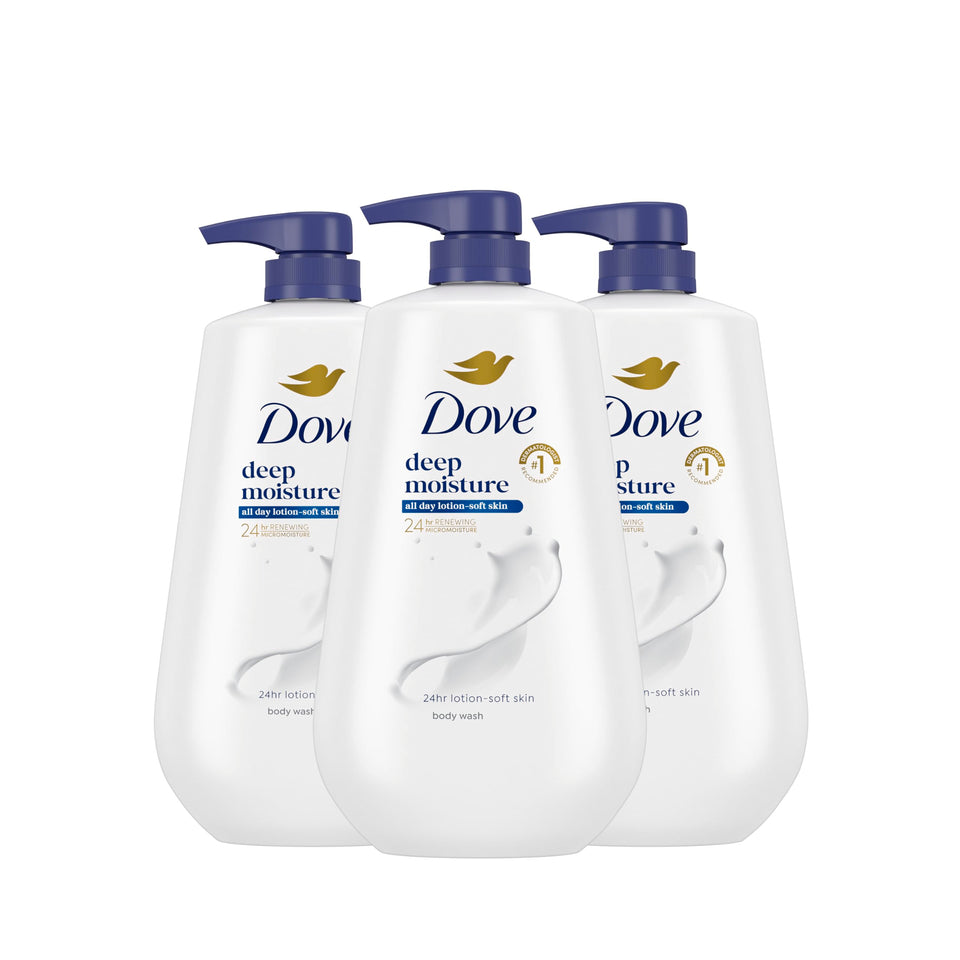 Dove front packaging showing three pump bottles and nourishing benefit