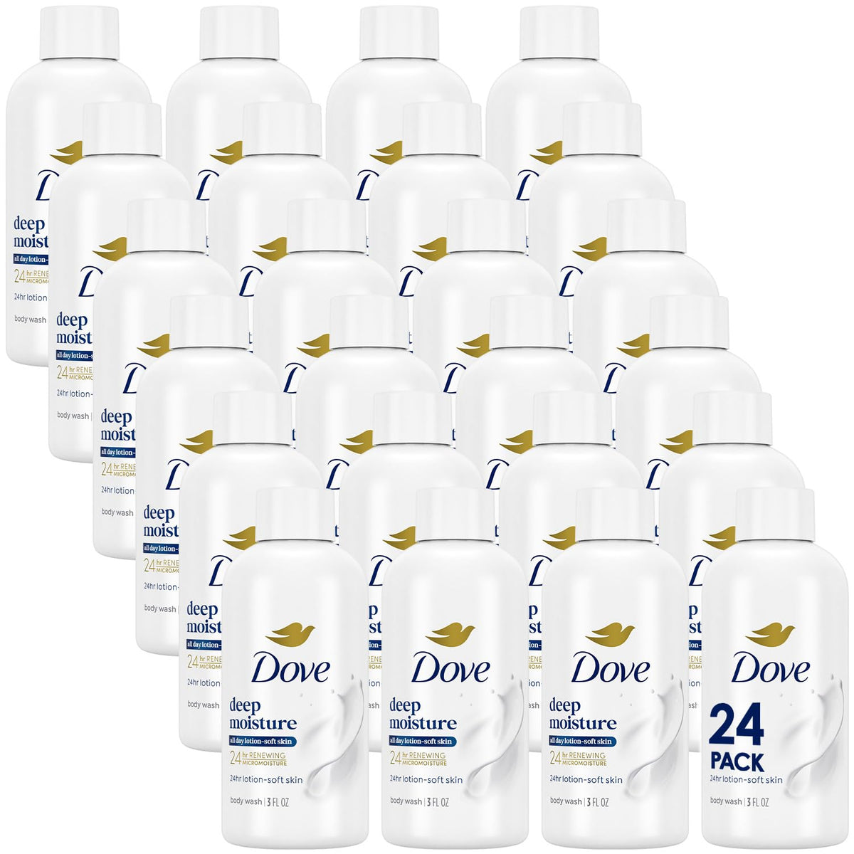 Dove front packaging showing travel 24-pack and convenient bottles