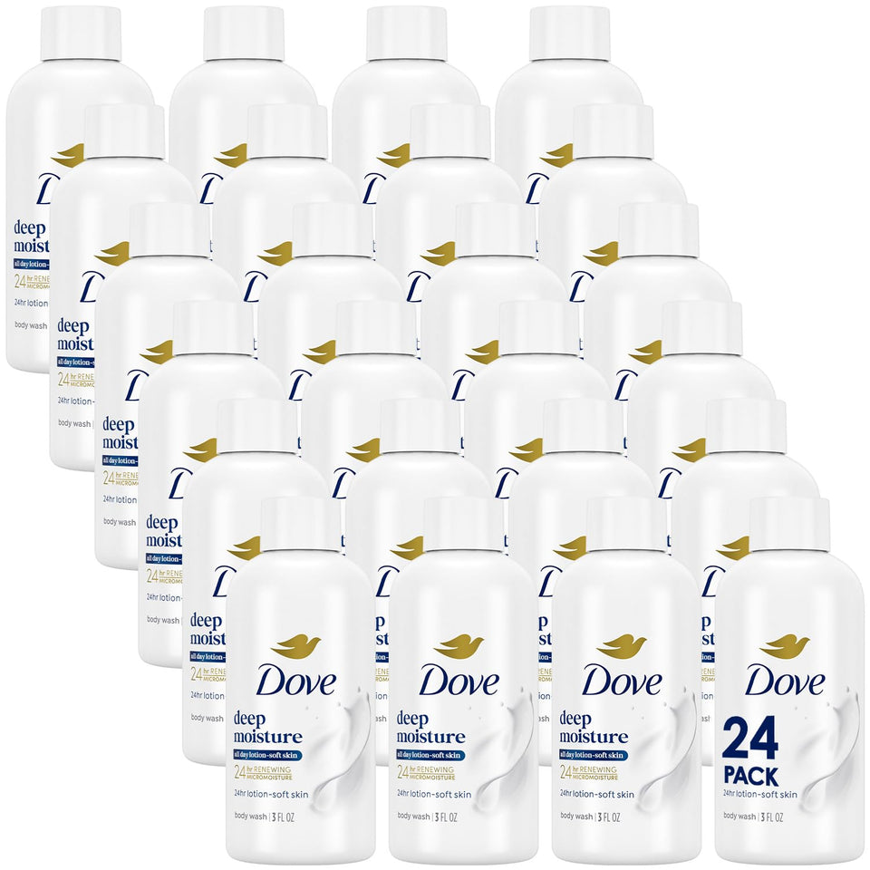 Dove front packaging showing travel 24-pack and convenient bottles