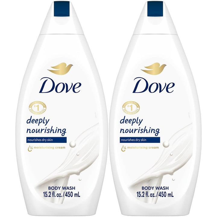 Dove bottle front packaging showing product name and two-pack convenience benefit