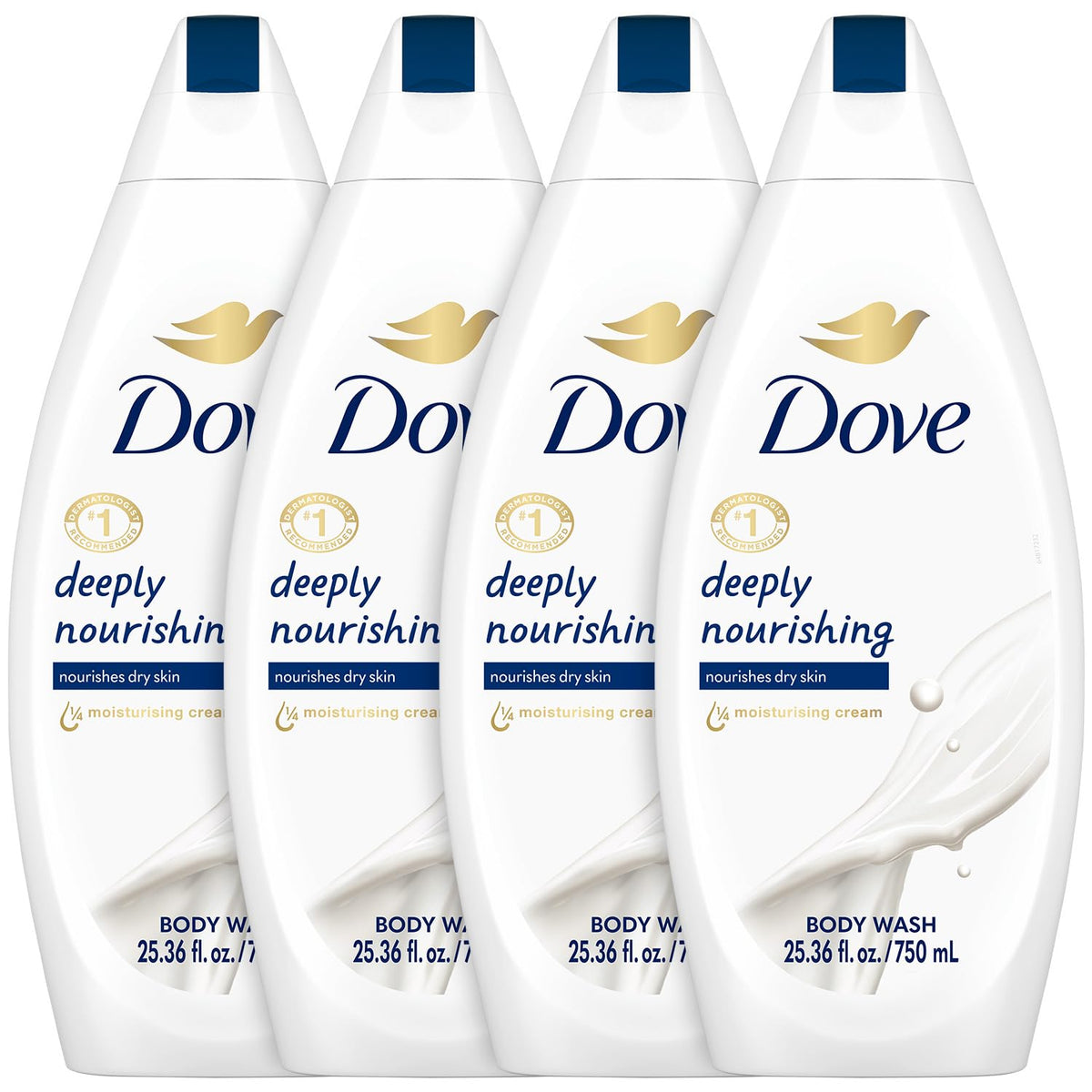 Dove bottle front packaging shows size and nourishing benefits