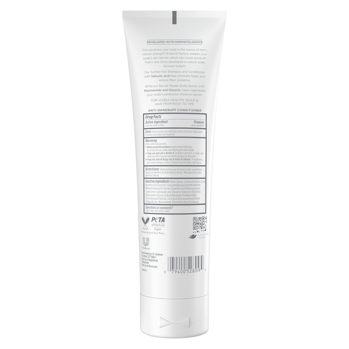 Dove Derma Scalp back label list of active ingredients and usage benefits