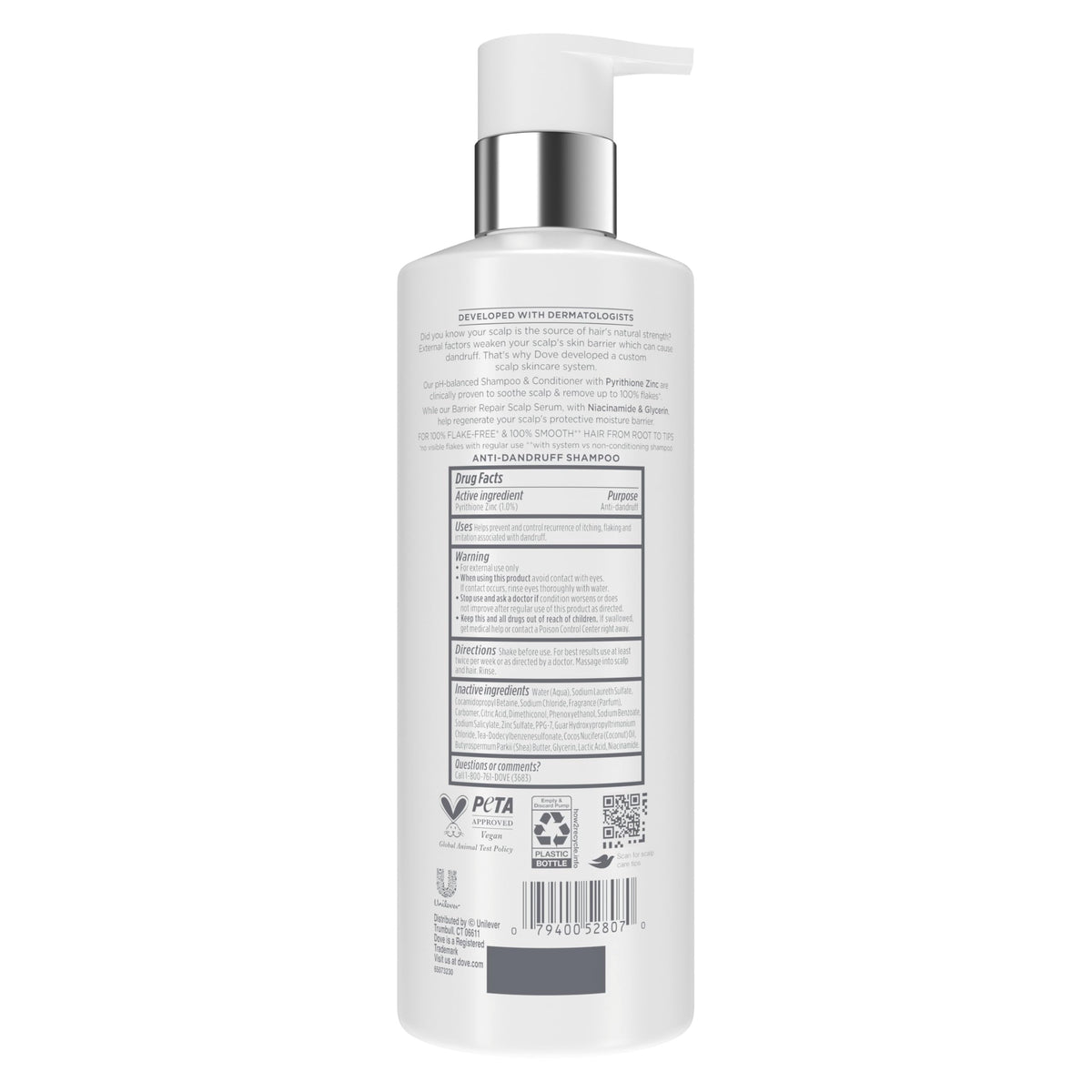 Dove Derma Scalp back label closeup showing ingredients and usage instructions for confidence