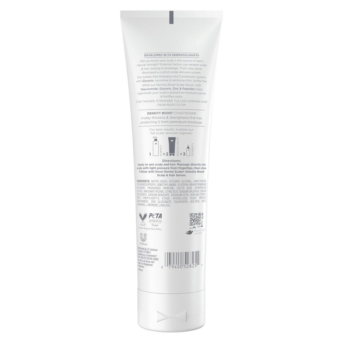 Dove bottle back with ingredients list visible, reassuring transparency for shoppers