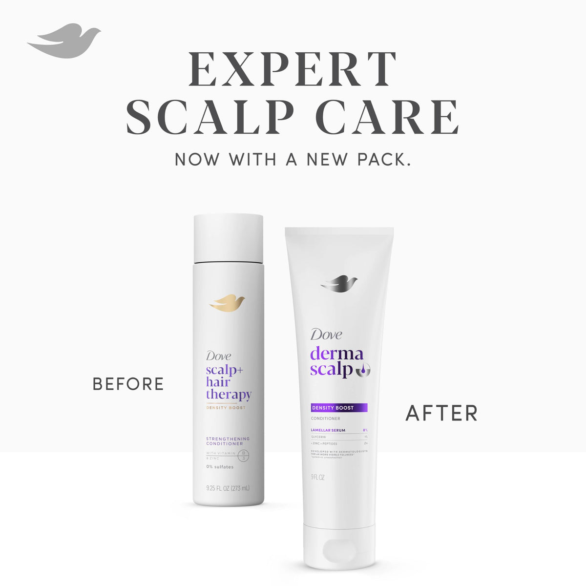 Side-by-side Dove before and after hair look showing fuller-looking volume benefit
