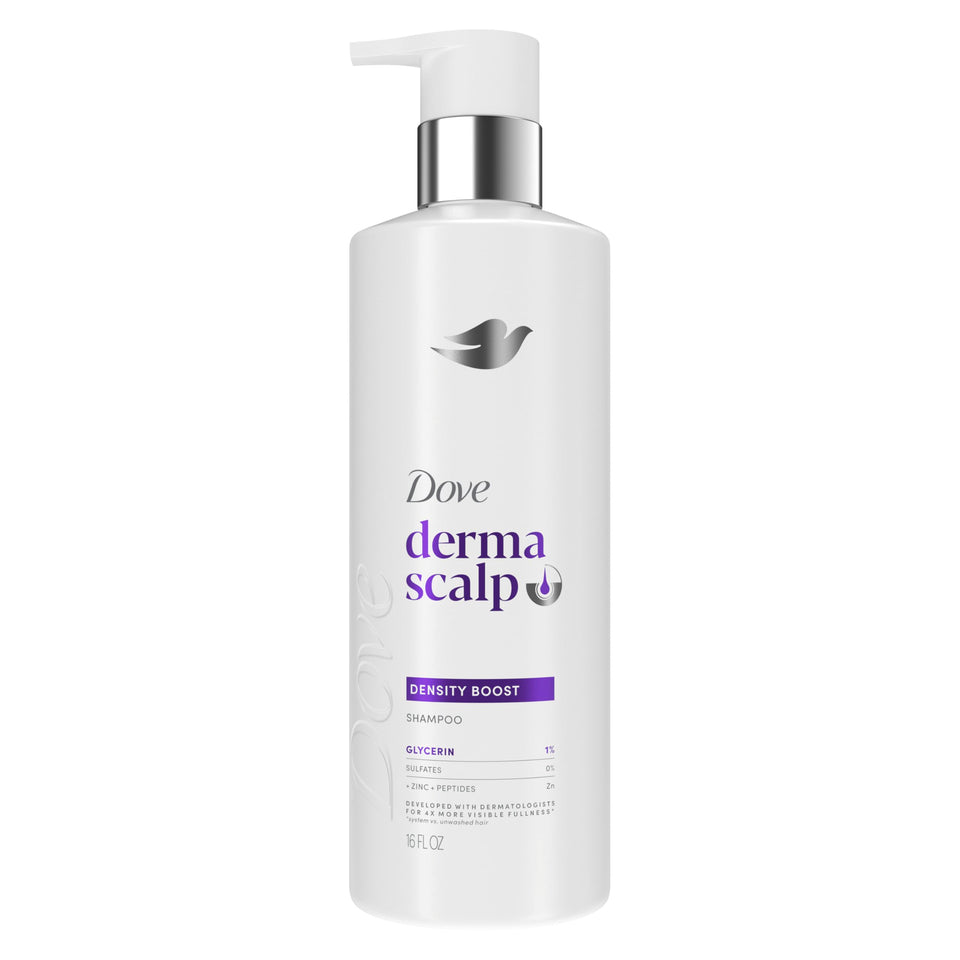 Dove Derma Scalp bottle front showing product and benefit of fuller-looking hair