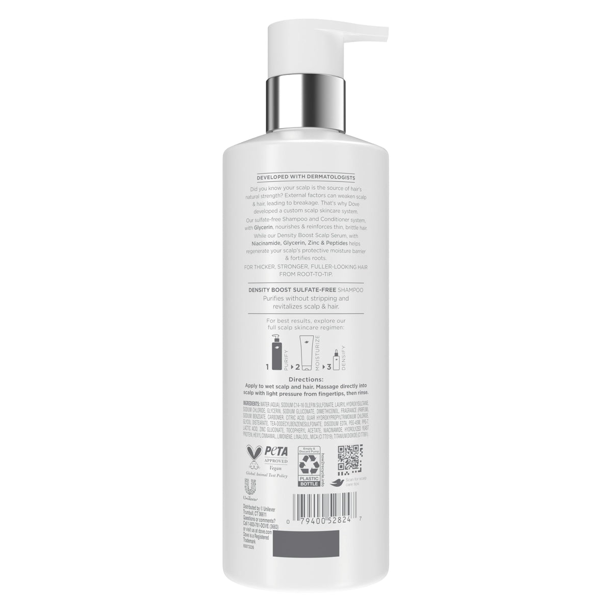 Dove Derma Scalp pump and label highlighting easy dispensing and clear use